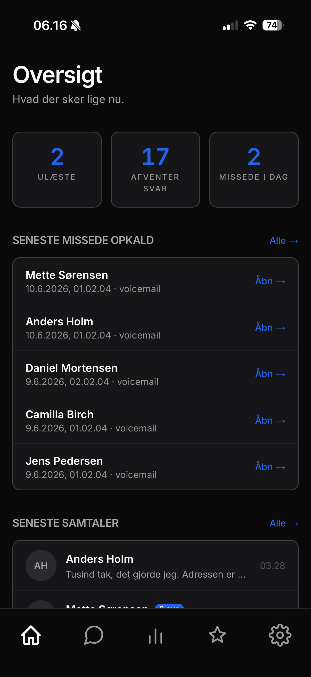 Skærmbillede: oversigt over kundesamtaler i appen
