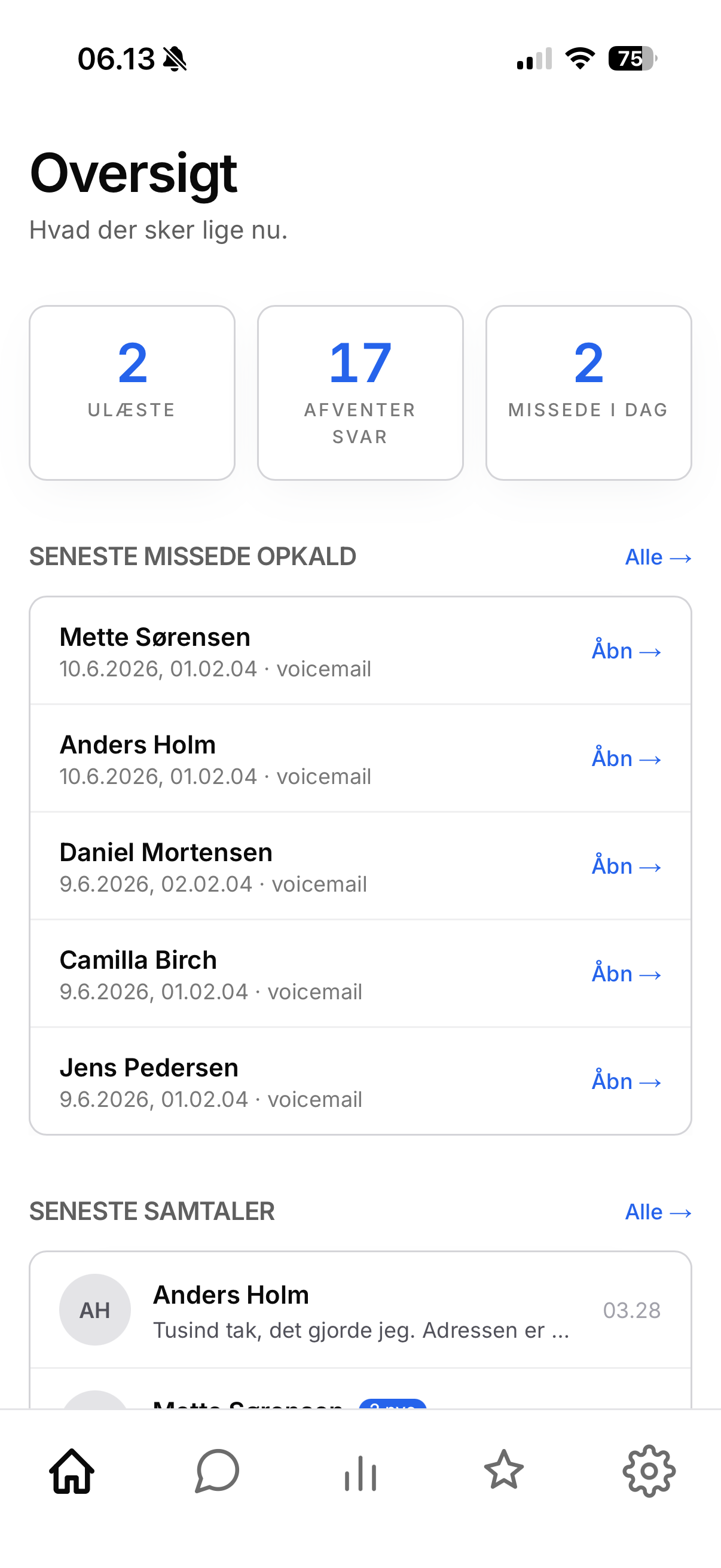 Skærmbillede: oversigt over kundesamtaler i appen